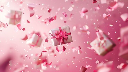 This is a 3D rendering of a pink gift box with a pink bow. The box is surrounded by a pink confetti explosion. The background is a soft pink color.