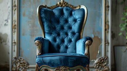 Ornate blue velvet armchair with golden elements in a classic vintage room with blue grunge background.