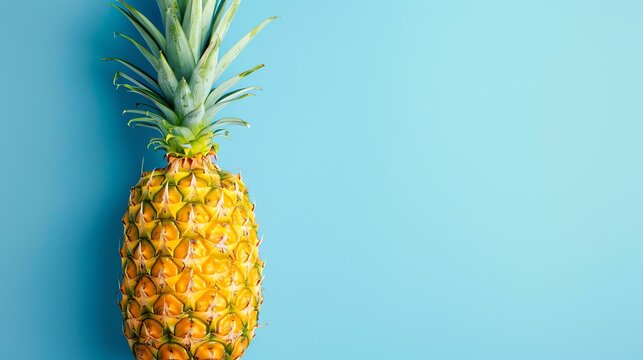 A close-up image of a fresh pineapple on a blue background. The pineapple is ripe and juicy, with a bright yellow color.