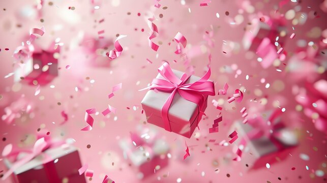 A beautiful pink and white gift box with a pink bow is the focus of this image.