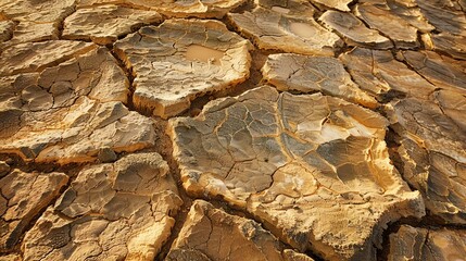 Arid desert ground with large dry cracked mud puddles under the blazing sun.