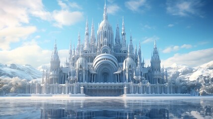 A majestic AI-constructed ice palace stands as a symbol of enchantment in the winter landscape, its intricate architecture and crystalline spires creating a sense of wonder. 
