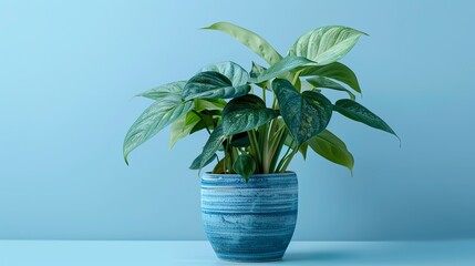 This image shows a beautiful potted plant with lush green leaves. The plant is placed on a solid blue background, which makes it stand out.