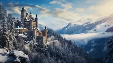 Foto op Plexiglas Winter Wonderland: Enchanting Castle Amidst Snowy Peaks and Forests, Canon RF 50mm f/1.2L USM Capture © Nazia