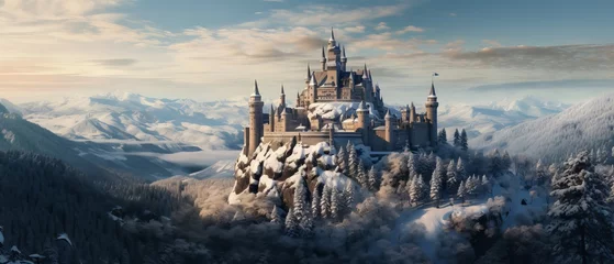 Foto auf Acrylglas Winter Wonderland: Enchanting Castle Amidst Snowy Peaks and Forests, Canon RF 50mm f/1.2L USM Capture © Nazia