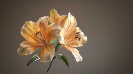 3D rendering of a beautiful orange lily flower with green leaves isolated on a solid brown background.