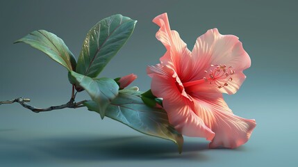 This is a beautiful 3D rendering of a pink hibiscus flower. The petals are soft and delicate, and the leaves are a deep green. - obrazy, fototapety, plakaty