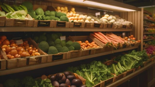 Fruits and vegetables on shelves in supermarket. Grocery store. Grocery and vegetable shelves in the supermarket, AI Generated