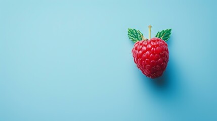 A close-up image of a fresh raspberry on a blue background. The raspberry is ripe and juicy, with a vibrant red color. The leaves are green and lush. - obrazy, fototapety, plakaty