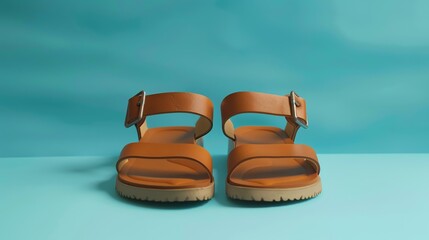 **Image description:**  A pair of brown leather sandals with a thick sole. The sandals are shown on a blue background.