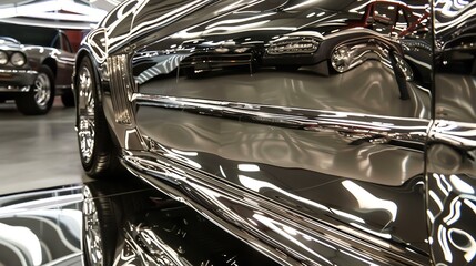 A sleek silver sports car is parked in a showroom. The car's reflection is seen on the shiny floor.