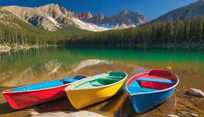Colorful Boats on a Mirror-like Lake in the Rockies