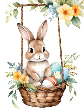 Easter bunny sitting in basket of eggs and spring flowers. Watercolor illustration for design, greeting card, template, wallpaper, artwork