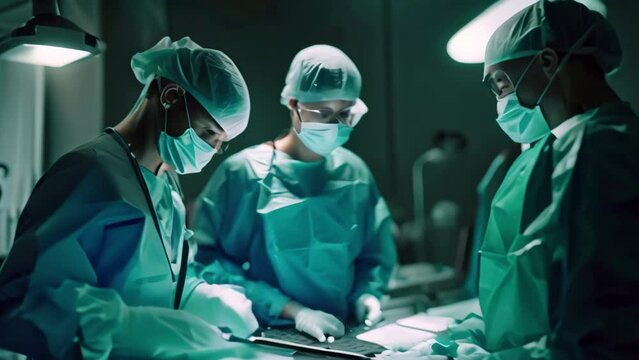 group of veterinarian surgery in operation room take with art lighting and blue filter, Medical team performing a surgical operation in a hospital, AI Generated