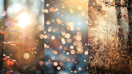 This is a beautiful nature-inspired triptych featuring a plant, a blurred background with bokeh, and a plant in a forest. - obrazy, fototapety, plakaty