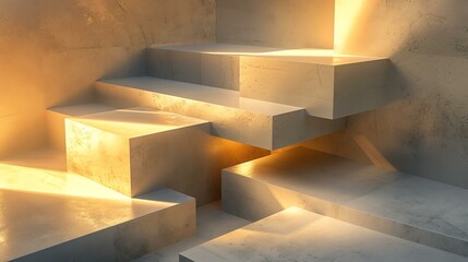 Abstract 3D rendering of a geometric composition with a warm golden light.