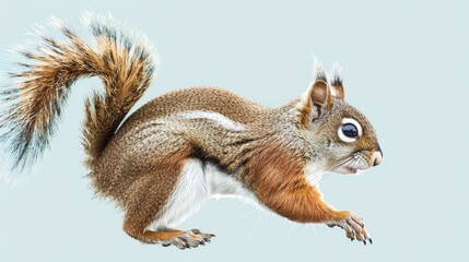 Cute squirrel isolated on white background. The squirrel is standing on its hind legs and looking to the right. It has a bushy tail and brown fur. - obrazy, fototapety, plakaty