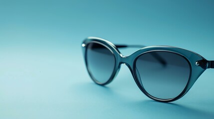 Close-up of stylish sunglasses against a blue background. The sunglasses have a black frame.