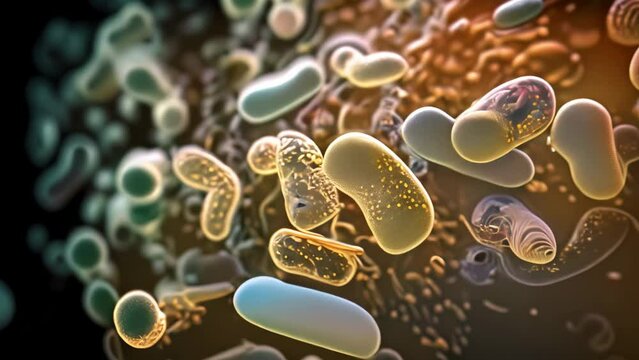 3D illustration of Gram-negative rod-shaped bacteria. Gram-negative rod-shaped bacteria with a single polar flagellum. Microorganism cells close up view on a dark background, AI Generated