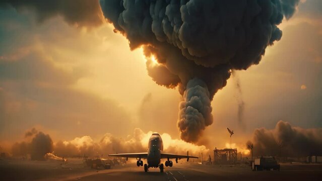 Airplane in the smoke on a background of an explosion. 3d rendering, Military bombers are releasing bombs on the warzone, AI Generated