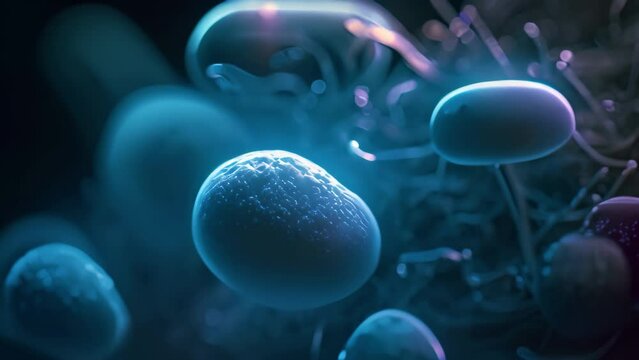 3d render of sperm and egg cell in human body. Spermatozoons, Microorganism cells close up view on a dark background, AI Generated