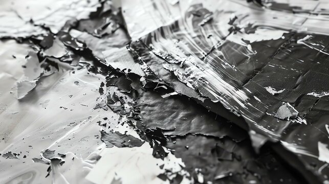 Black and white abstract image. The image features a peeling black surface. The surface is cracked and peeling, revealing a white undercoat.