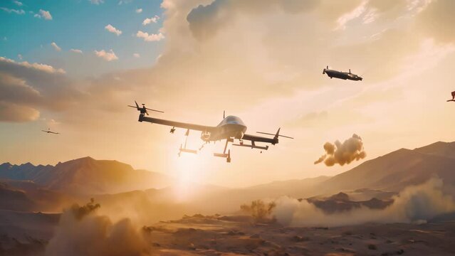 Drone flying in the sky. Military concept. Selective focus, Military combat UAV drone launching missiles, AI Generated