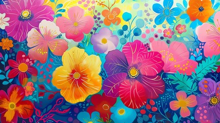 vibrant and colorful floral pattern with a variety of flowers in different colors and shapes.