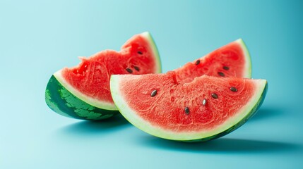 Three slices of ripe red watermelon on a blue background. The watermelons are arranged in a triangle.