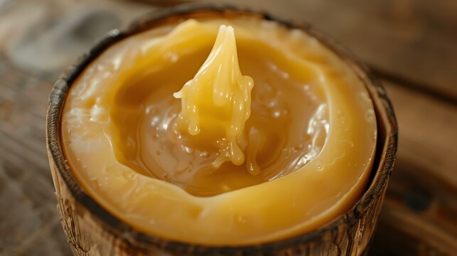 **Image Description:**  A close-up of a wooden bowl filled with a thick, golden liquid.