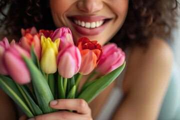 Smiling woman with bouquet of colorful tulips. Spring and freshness.