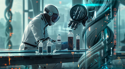 Scientist in safety suit is working on new drugs and is being observed by a probe.