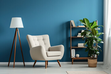 Modern minimalist interior with armchair and indoor plants. Home decor and design.