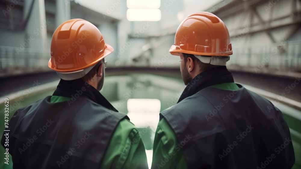 Poster two engineers in hardhats discussing something while standing in a factory, two industrial engineers