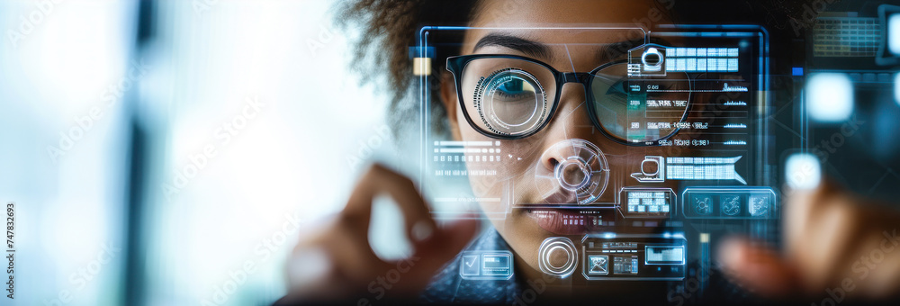 Poster focused professional completing tasks on a high-tech virtual checklist interface with transparent di