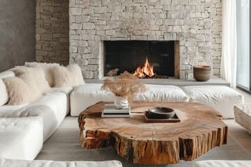Cozy modern living room interior with fireplace and natural accents. Home design and comfort.