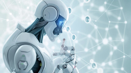Artificial intelligence robot browses data.  Artificial intelligence is on the network.