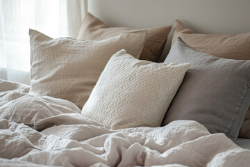 Cozy bedroom interior with soft pillows and textured bedding. Home comfort and design.