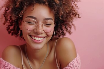 Joyful young woman laughing happily against vibrant pink backdrop