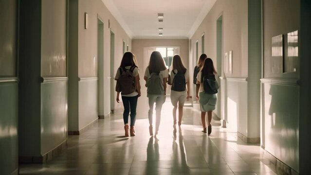 Back view of group of young female students walking in corridor of school, Teenage school kids standing in front of locker, AI Generated