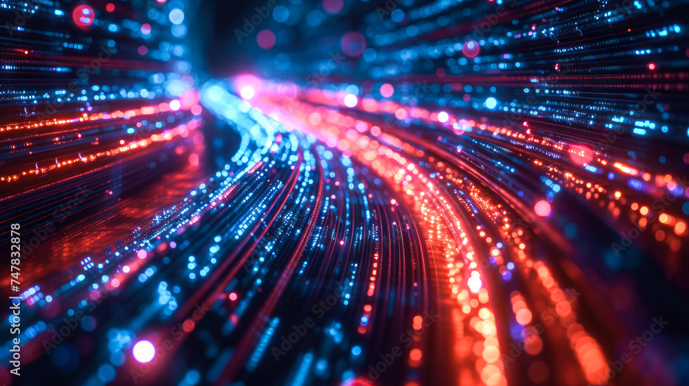 Poster abstract high-speed technology concept with flowing digital data and light trails on dark background