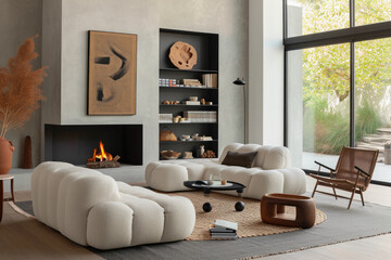 Contemporary living room interior with fireplace and modern furniture. Interior design trends.