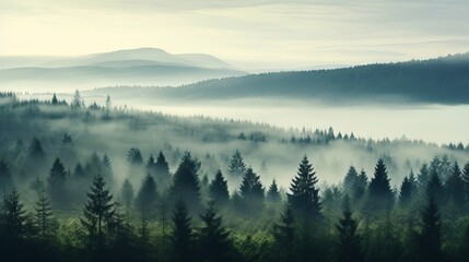 Mysterious Mist Over Fir Forest: Vintage Retro Landscape, Canon RF 50mm f/1.2L USM Capture