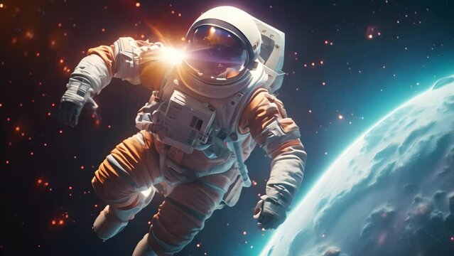 Astronaut spaceman do spacewalk while working for space station. Mixed media, 3d render spaceman astronaut flying with rocket 3d illustration design, AI Generated