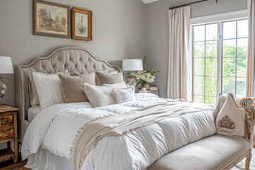Elegant bedroom interior with plush bedding and neutral tones. Home comfort and design.