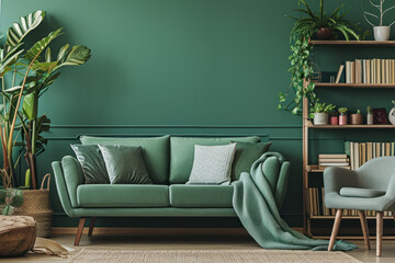Cozy modern living room interior with green sofa and trendy home decor. Home design and comfort.