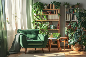 Cozy reading nook with green armchair and bookshelves. Home interior and design.