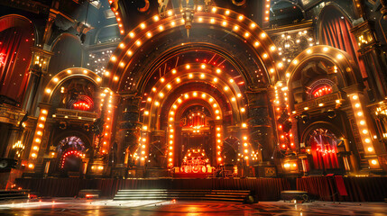 Obraz premium Crowded Event with Stage Lights and Performance, Energetic Festival Atmosphere, Entertainment and Nightlife Scene