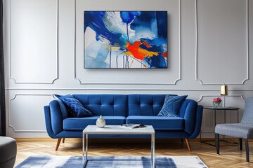 Modern living room interior with blue sofa and abstract wall art. Home decoration and design.