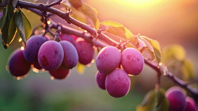 Ripe plums on a branch in the garden at sunset. A branch with natural plums on a blurred background of a plum orchard at golden hour, AI Generated